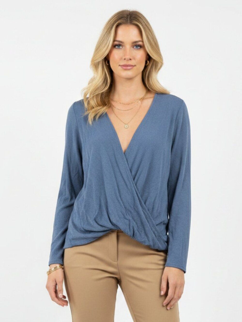 Audrey 3+1 Gray Drape Front Long Sleeve Blouse Top L